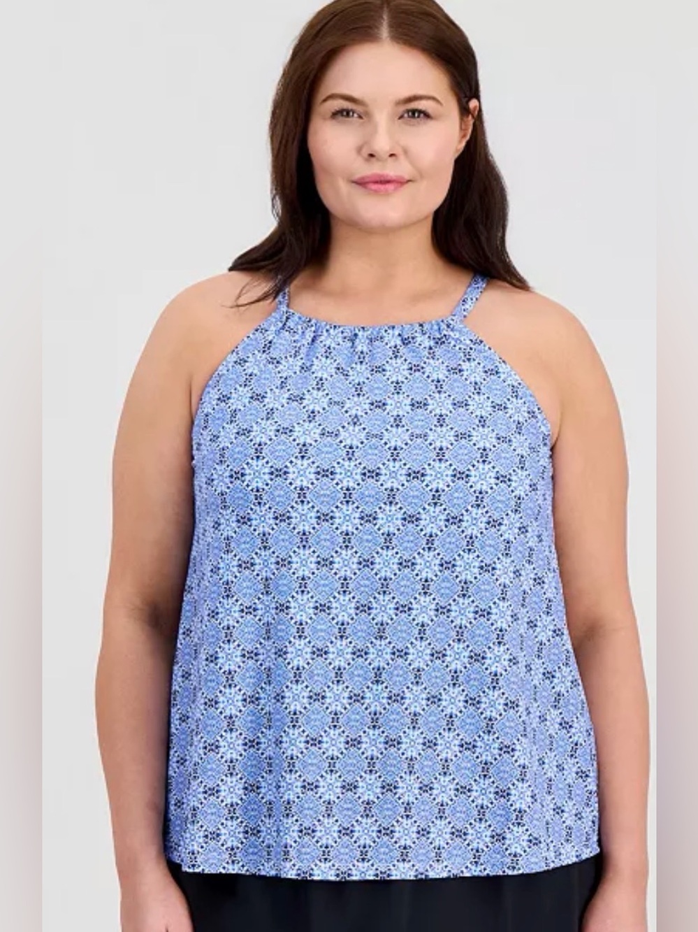 NWT island escape Macy’s tankini halter swim top blue white sz 16 underwire